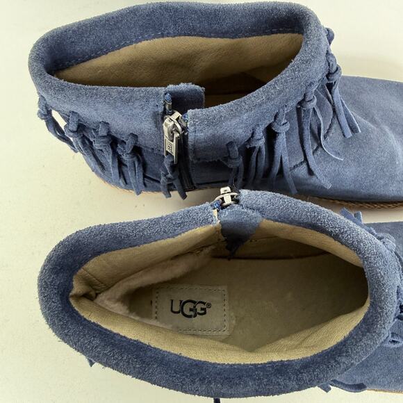 UGG Shenendoah Fringe Moccasin Ankle Bootie Womens 8 Blue Suede Side Zip Comfort - Picture 9 of 9